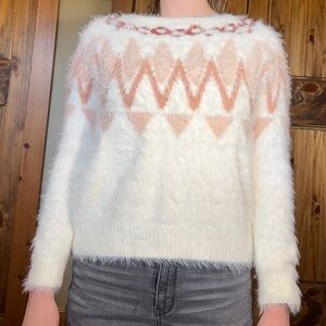 LC Lauren Conrad Cream Sweater with Blush Geometric Yoke